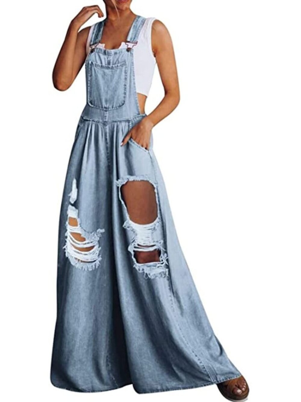 Women's Casual Ripped Adjustable Denim Overalls Baggy Wide Leg Bib Pants Palazzo